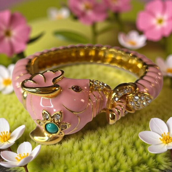 KENNETH LANE KJL Most Adorable Pink Elephant Enamel Turquoise Bangle Bracelet - Picture 3 of 7
